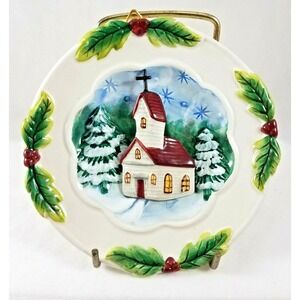 Church in Snow 5" Wall Plate 3 Dimensional Holly‎ Berry Leaves Trim Vintage